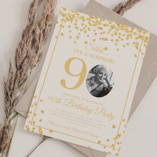 SURPRISE Photo 90th Birthday Gold Confetti Beige Invitation