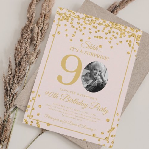 SURPRISE Photo 90th Birthday Gold Confetti Blush  Invitation