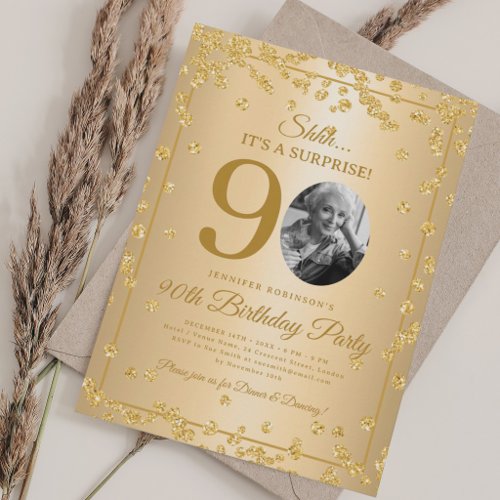 SURPRISE Photo 90th Birthday Gold Glam Confetti Invitation