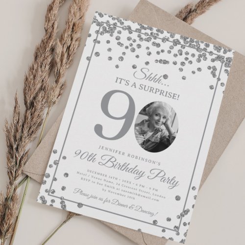 SURPRISE Photo 90th Birthday Silver Confetti Invitation