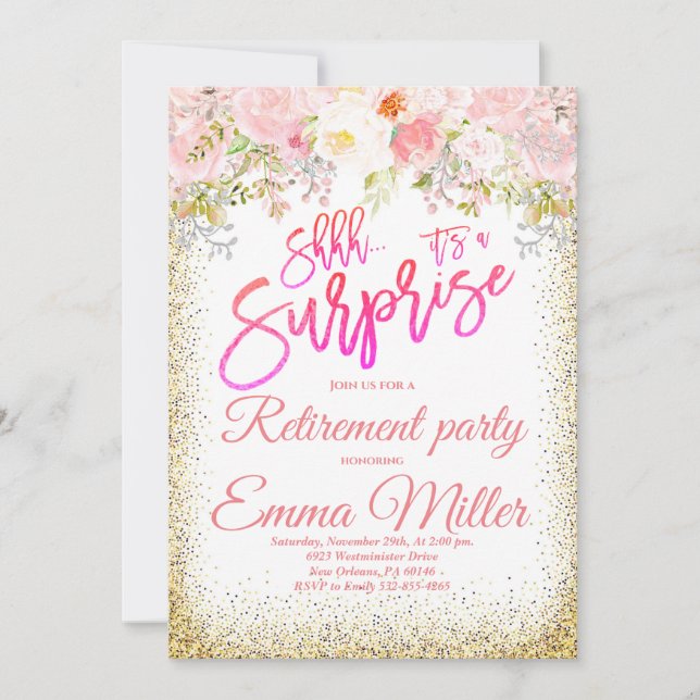Surprise Pink and Gold Retirement Party Invitation (Front)
