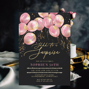 Surprise Pink Balloons Gold Black 50th Birthday Invitation