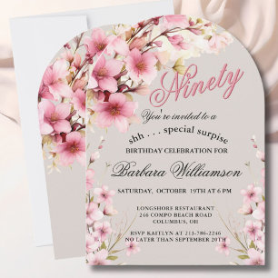 SURPRISE Pink Floral Arch Elegant 90th Birthday  Invitation