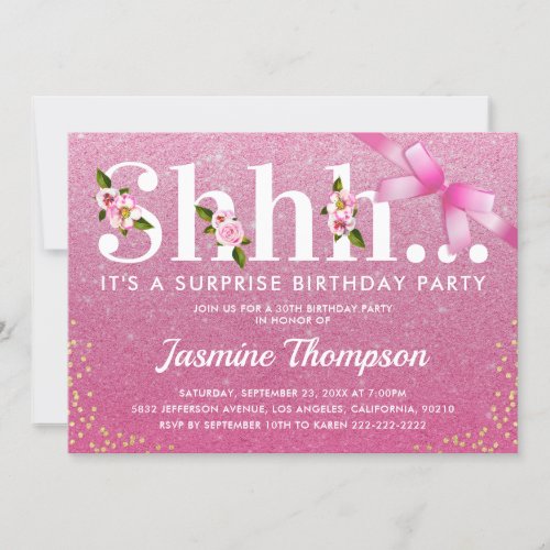 Surprise Pink Glitter Adult Birthday Party Invitation