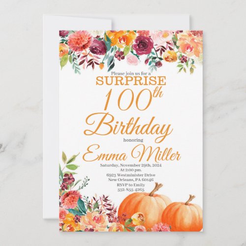 Surprise Pumpkins Fall 100th Birthday Invitation
