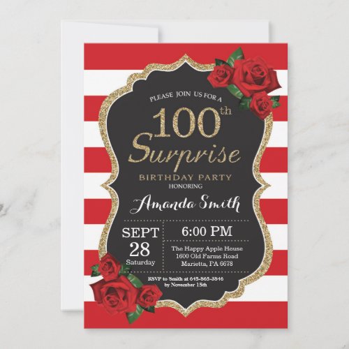 Surprise Red Rose 100th Birthday Invitation Gold