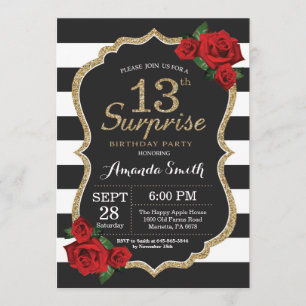 Surprise Red Rose 13th Birthday Invitation Gold