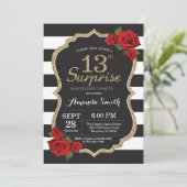 Surprise Red Rose 13th Birthday Invitation Gold (Standing Front)