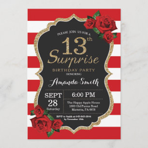 Surprise Red Rose 13th Birthday Invitation Gold