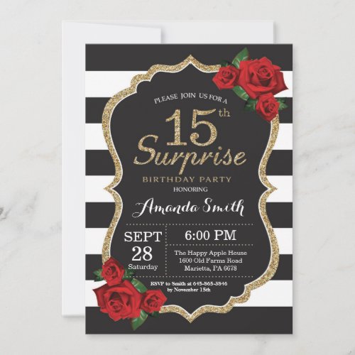 Surprise Red Rose 15th Birthday Invitation Gold