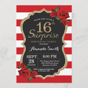 Surprise Red Rose 16th Birthday Invitation Gold