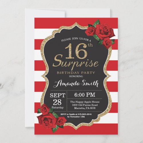 Surprise Red Rose 16th Birthday Invitation Gold