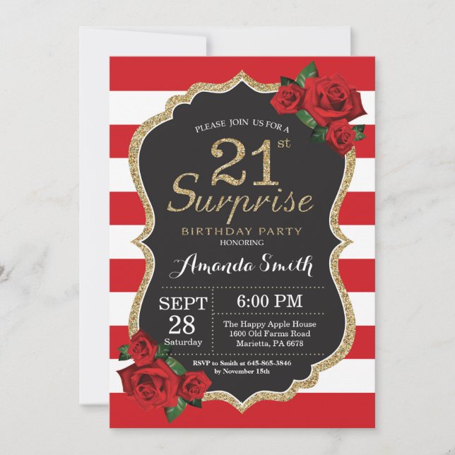 Surprise Red Rose 21st Birthday Invitation Gold (Front)