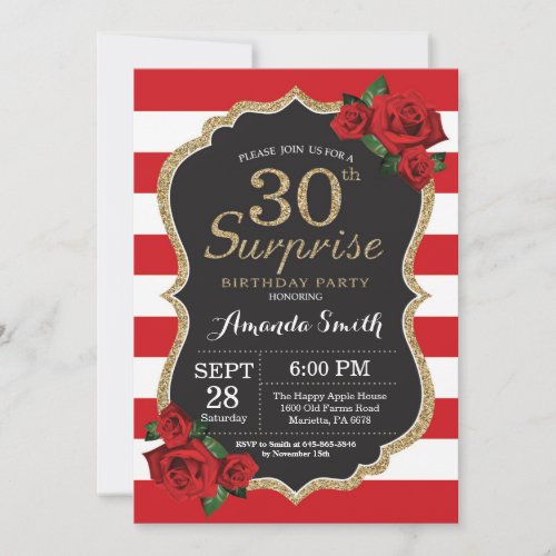 Surprise Red Rose 30th Birthday Invitation Gold