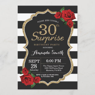 Surprise Red Rose 30th Birthday Invitation Gold