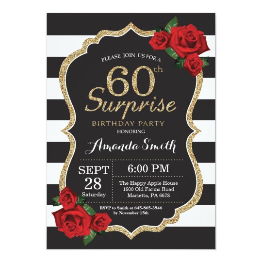 surprise red rose 60th birthday invitation gold zazzle com red black and white birthday invitations