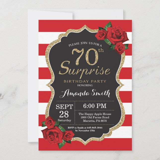 Surprise Red Rose 70th Birthday Invitation Gold (Front)
