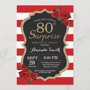 Surprise Red Rose 80th Birthday Invitation Gold