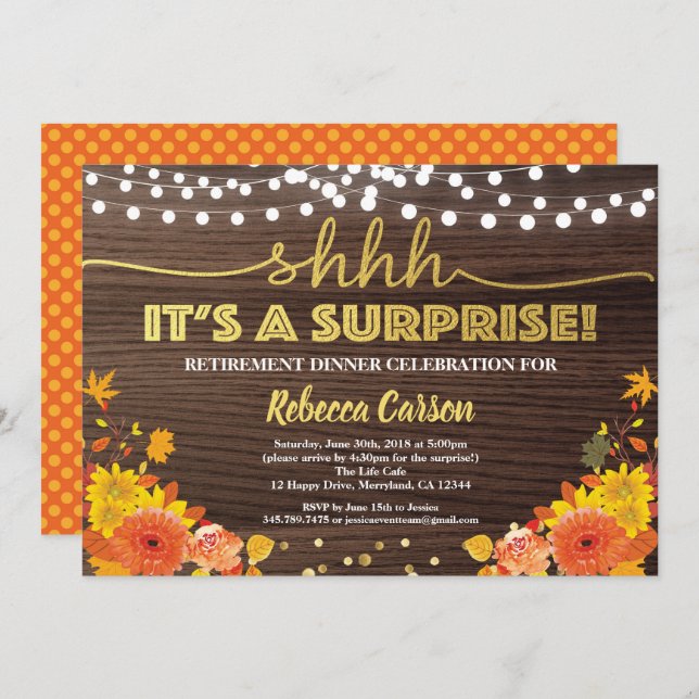 Surprise retirement dinner fall thanksgiving wood invitation (Front/Back)