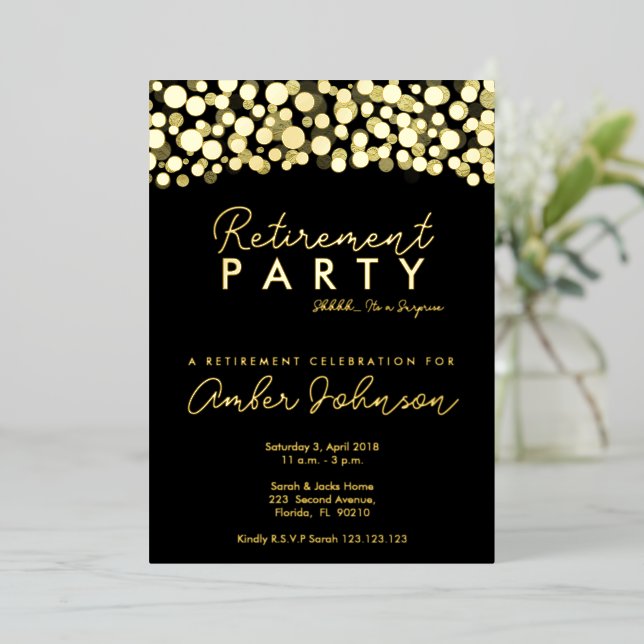 Surprise Retirement Party  Black and Gold Foil Invitation (Standing Front)