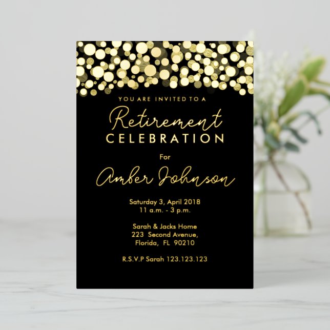 Surprise Retirement Party  Black and Gold Foil Invitation (Standing Front)