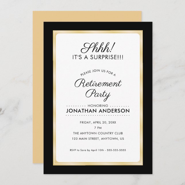 Surprise Retirement Party | Black and Gold Invitation (Front/Back)