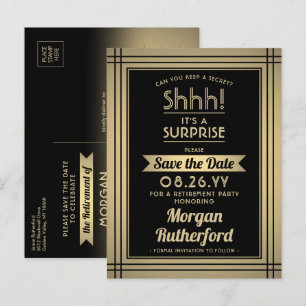 Surprise Retirement Party Black Gold Save the Date Announcement Postcard