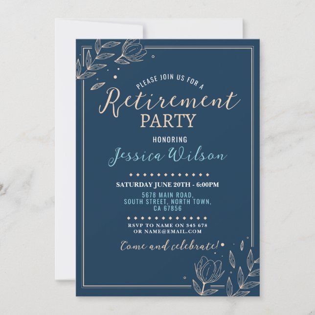 Surprise Retirement Party Blue Mens Women's Floral Invitation (Front)