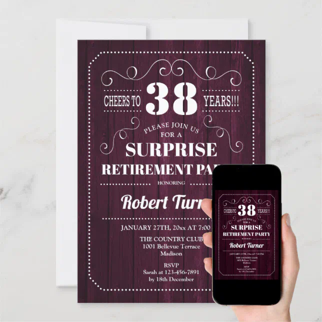 Surprise Retirement Party - Burgundy Wood Pattern Invitation | Zazzle