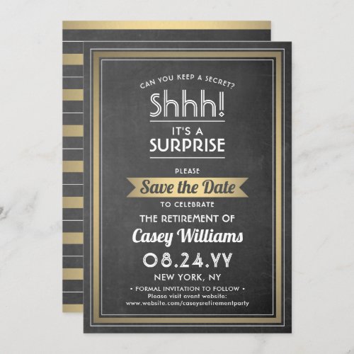 Surprise Retirement Party Chalkboard Black  Gold Save The Date