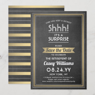 Surprise Retirement Party Chalkboard Black & Gold Save The Date