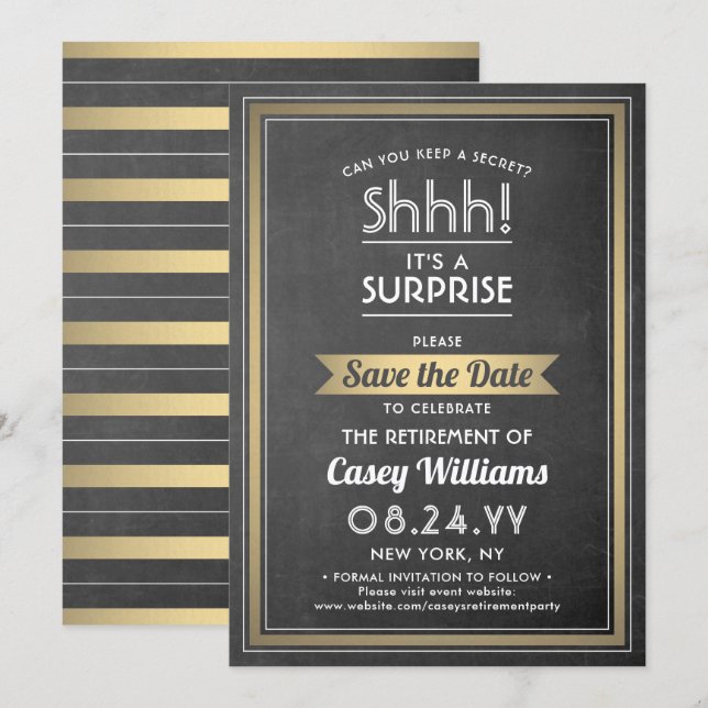 Surprise Retirement Party Chalkboard Black & Gold Save The Date (Front/Back)