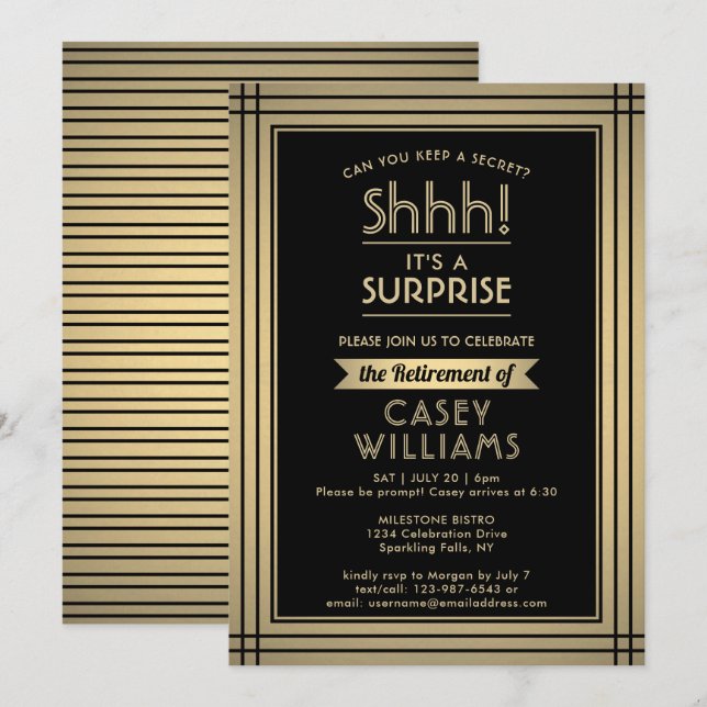Surprise Retirement Party Elegant Black and Gold Invitation (Front/Back)