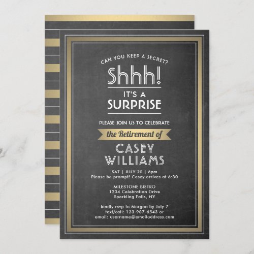 Surprise Retirement Party Elegant Chalkboard Gold Invitation