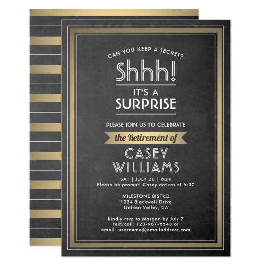 Surprise Retirement Party Elegant Chalkboard Gold Invitation Surprise Retirement Party Elegant Chalkboard Gold Invitation