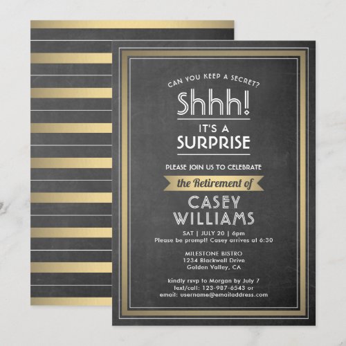 Surprise Retirement Party Elegant Chalkboard Gold