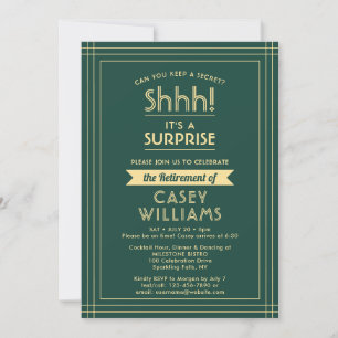 Surprise Retirement Party Elegant Green and Gold Invitation