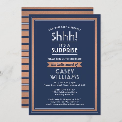 Surprise Retirement Party Elegant Navy Blue Copper Invitation