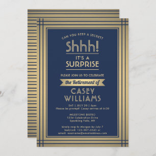 Surprise Retirement Party Elegant Navy Blue & Gold Invitation