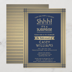 Surprise Retirement Party Elegant Navy Blue & Gold Invitation