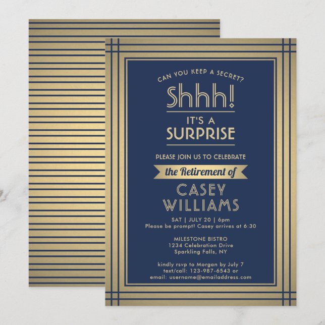 Surprise Retirement Party Elegant Navy Blue & Gold Invitation (Front/Back)