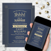 Surprise Retirement Party Elegant Navy Blue & Gold Invitation