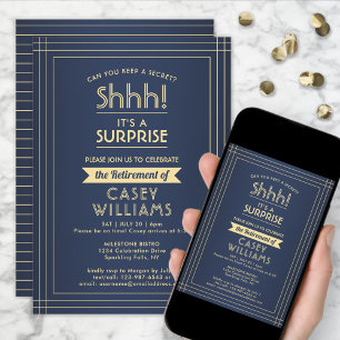 Surprise Retirement Party Elegant Navy Blue & Gold Invitation