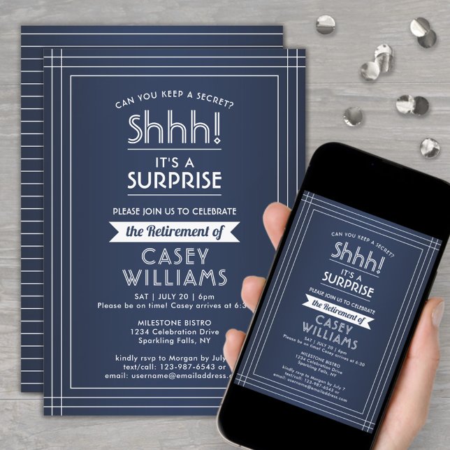 Surprise Retirement Party Elegant Navy Blue White Invitation (Creator Uploaded)