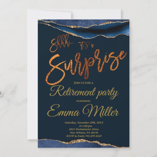 Surprise Retirement Party Gold and Navy Invitation