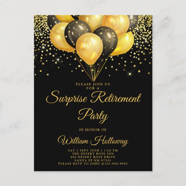 Surprise Retirement Party Gold Black Balloons  Postcard (Front)