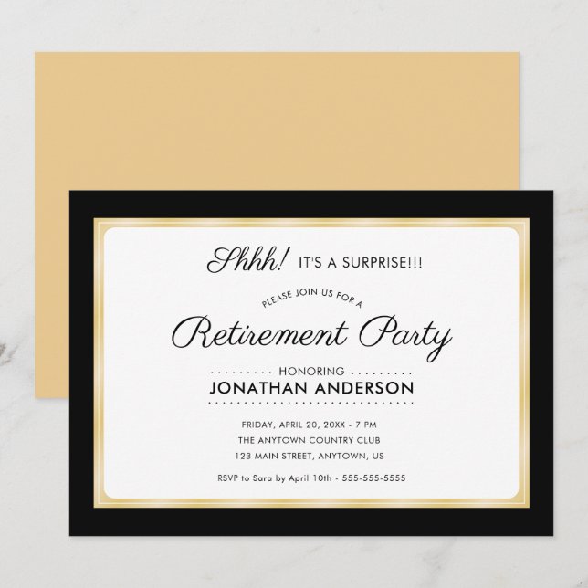 Surprise Retirement Party Horizontal Black & Gold Invitation (Front/Back)
