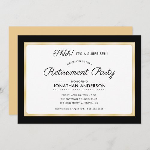 Surprise Retirement Party Horizontal Black  Gold Invitation