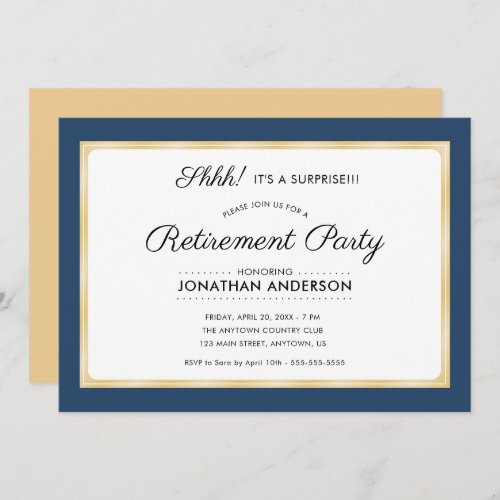 Surprise Retirement Party Horizontal Blue  Gold Invitation
