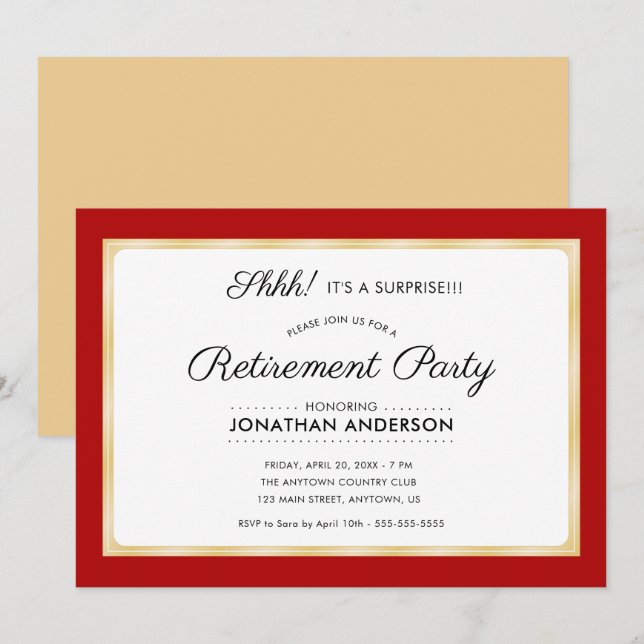Surprise Retirement Party Horizontal Red & Gold Invitation (Front/Back)